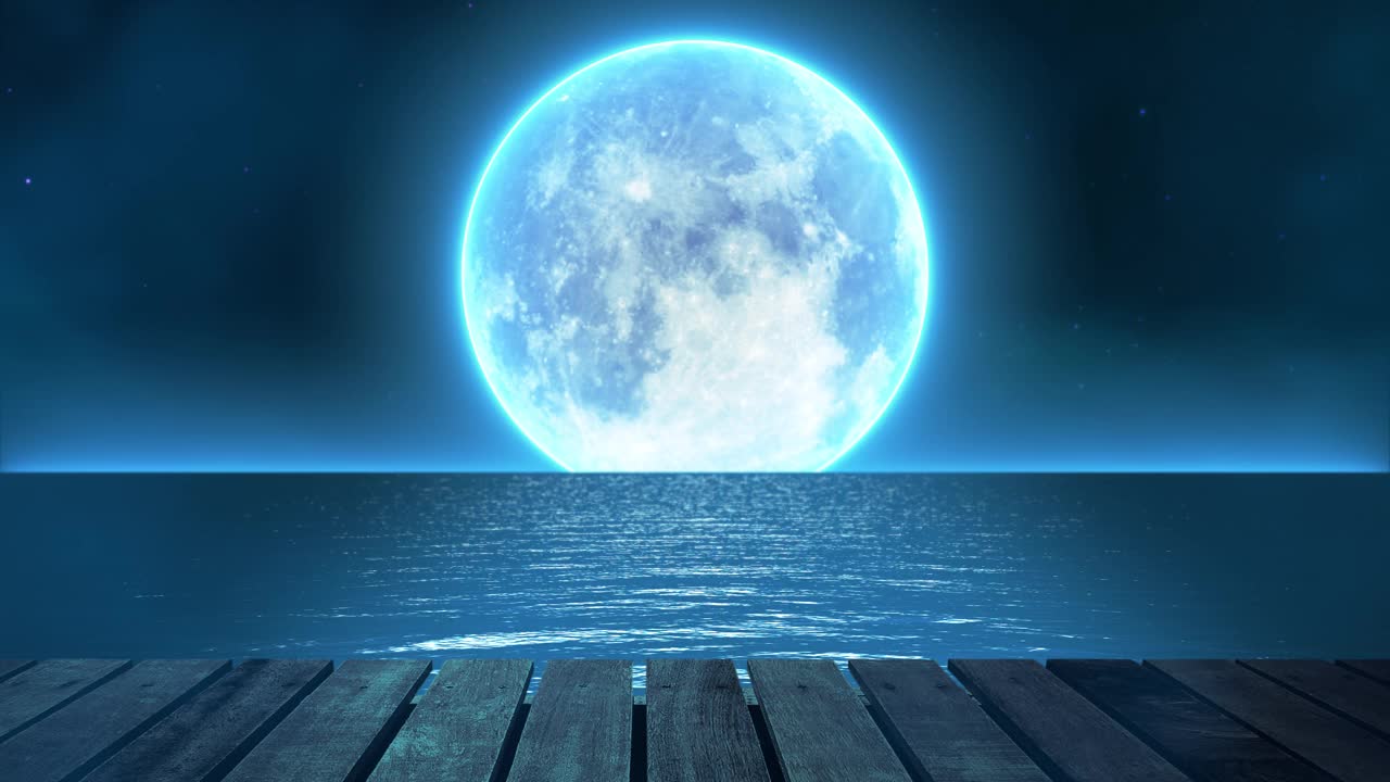 夜晚的海洋与满月的背景。节日贺卡。视频下载