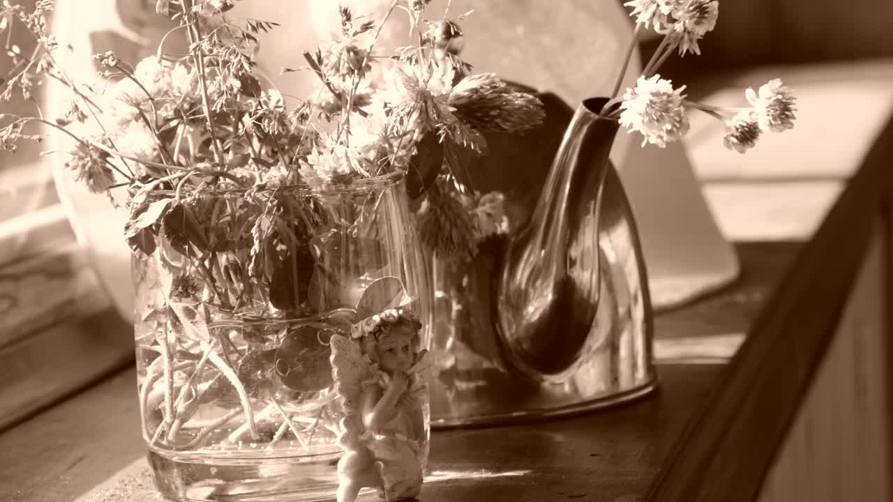 夏日花在银茶壶里，大气心情。夏日花园，阳光和下午茶。有意的柔焦和复古效果视频下载