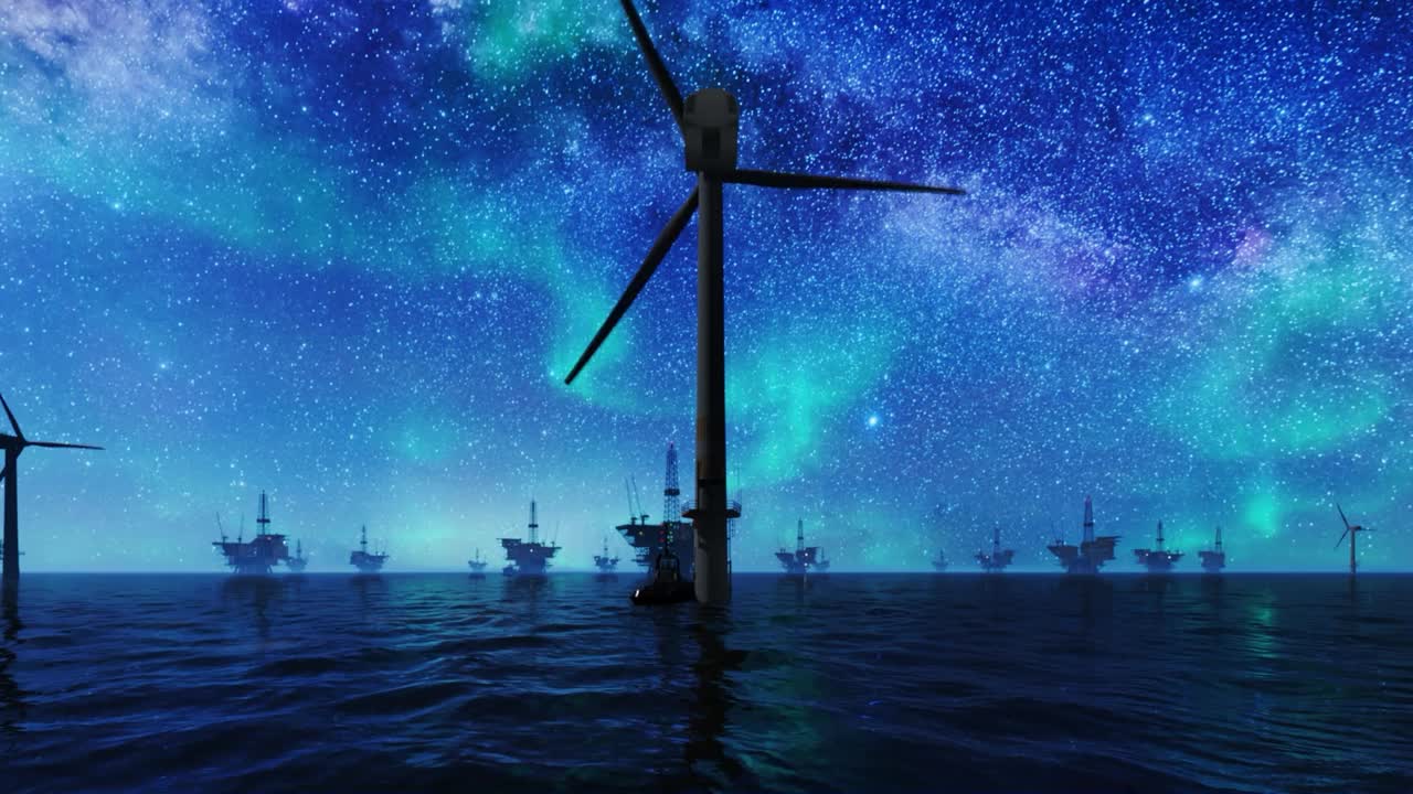 从海上风力涡轮机飞向石油钻井平台，面对星空和北极光视频下载