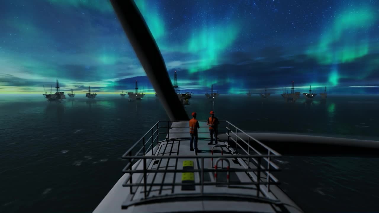 海上风力涡轮机和石油钻井平台的维修工人，面对星空和北极光视频下载