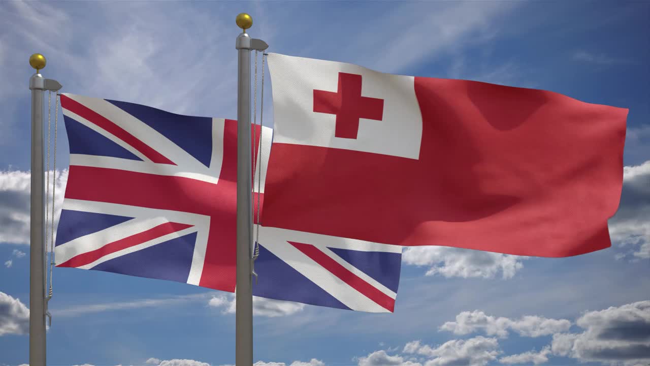 英国国旗与汤加国旗在一个杆子上，3D渲染，两个旗帜视频下载