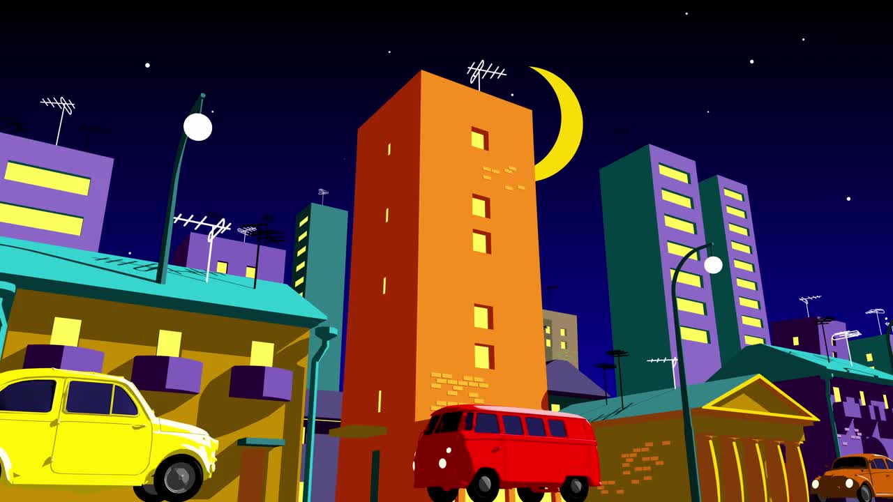 夜晚的卡通城市有移动的汽车视频下载