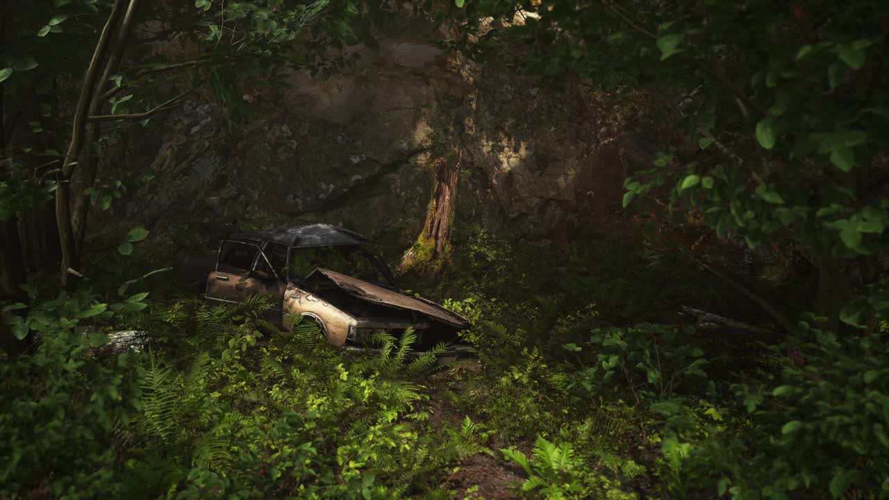 软左跟踪高质量的镜头在一个森林与一辆失事的废弃汽车视频下载