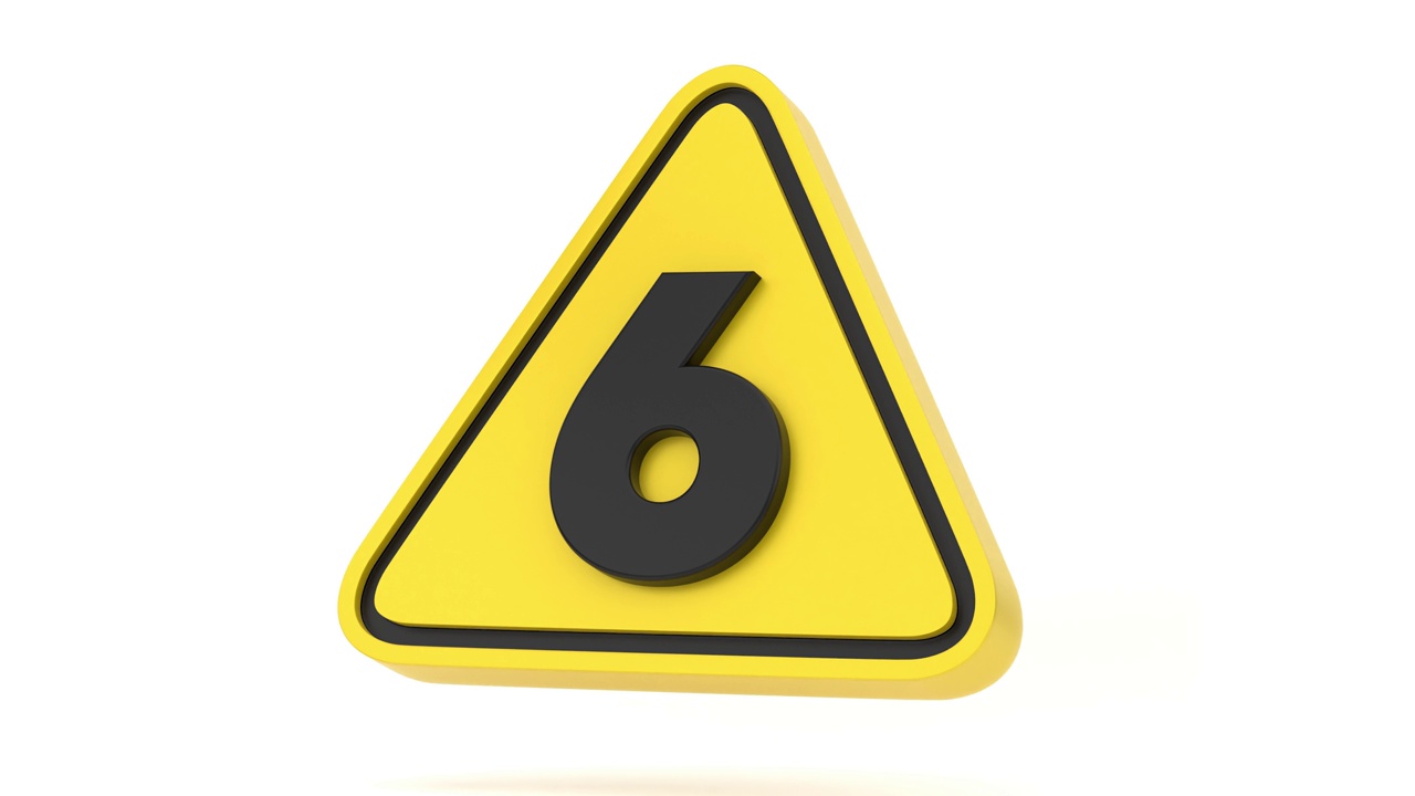 数字6的3D黄色三角形警告标志视频素材