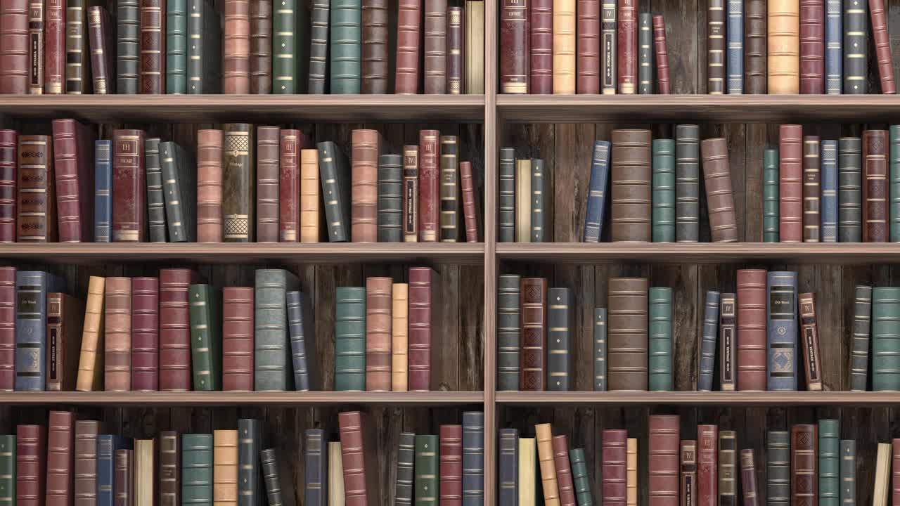棕色书籍的书架档案复古图书馆。变焦视频下载