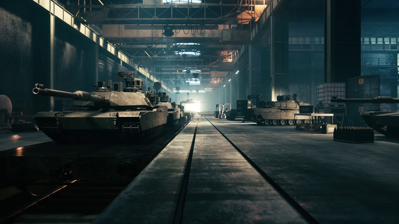 工厂生产军用坦克。军用工厂武器主战坦克。三维动画视频下载