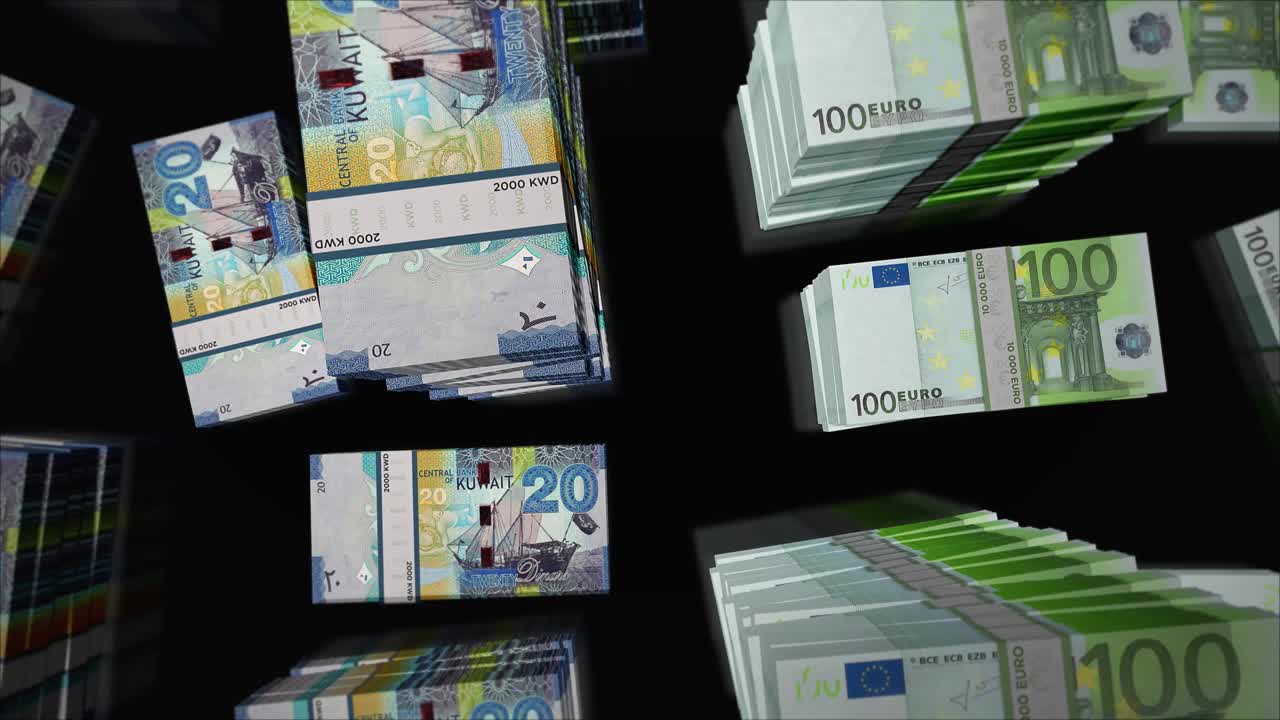 欧元和科威特第纳尔货币兑换循环动画视频素材