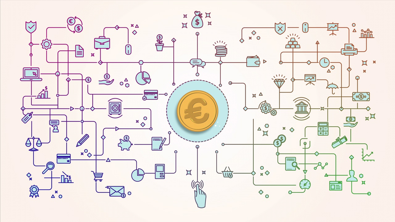 金色的欧盟货币硬币与连接网络的金融图标视频素材