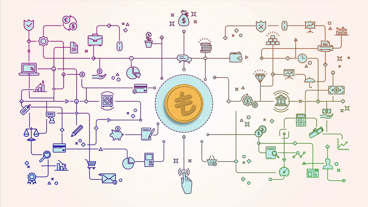 黄金土耳其里拉硬币与连接网络的金融图标视频素材