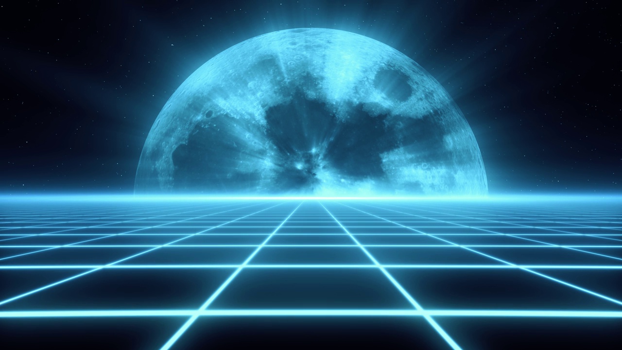 时尚复古未来的蓝色霓虹灯3d路到月球在星空的背景。3 d渲染。Retrowave VJ视频游戏景观，霓虹灯和低多边形地形网格。复古满月。无缝循环。视频下载