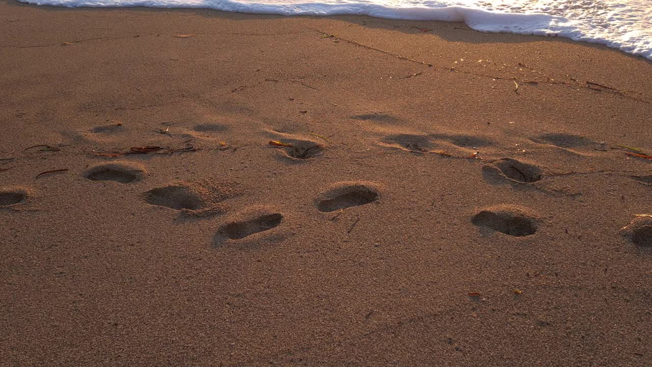 沙滩上的脚印，夕阳下的海浪冲刷着沙滩。视频下载