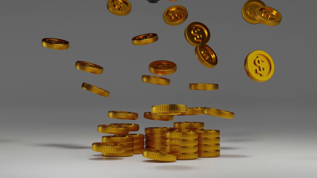 灯泡用飞舞的金币排列金币库存，得到赚钱的想法，视频4K 3D渲染。视频下载