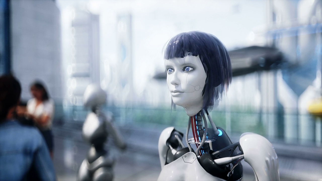未来的城市。3d人和机器人。未来的概念。逼真的4k动画。视频下载
