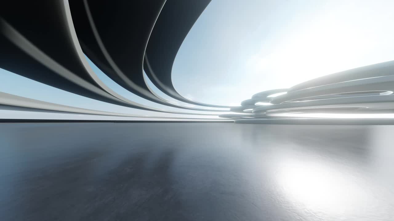 3d渲染抽象的未来主义建筑与空混凝土地板。汽车展示的场景。视频素材
