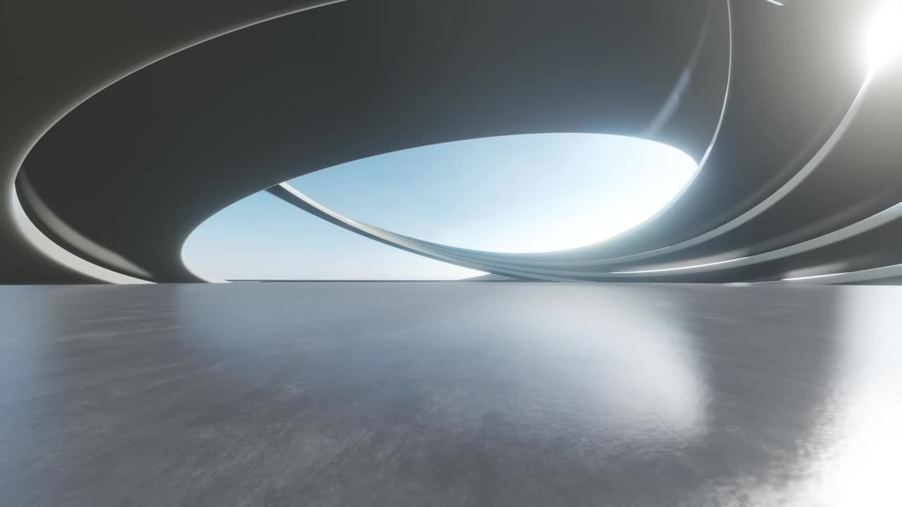 3d渲染抽象的未来主义建筑与空混凝土地板。汽车展示的场景。视频素材