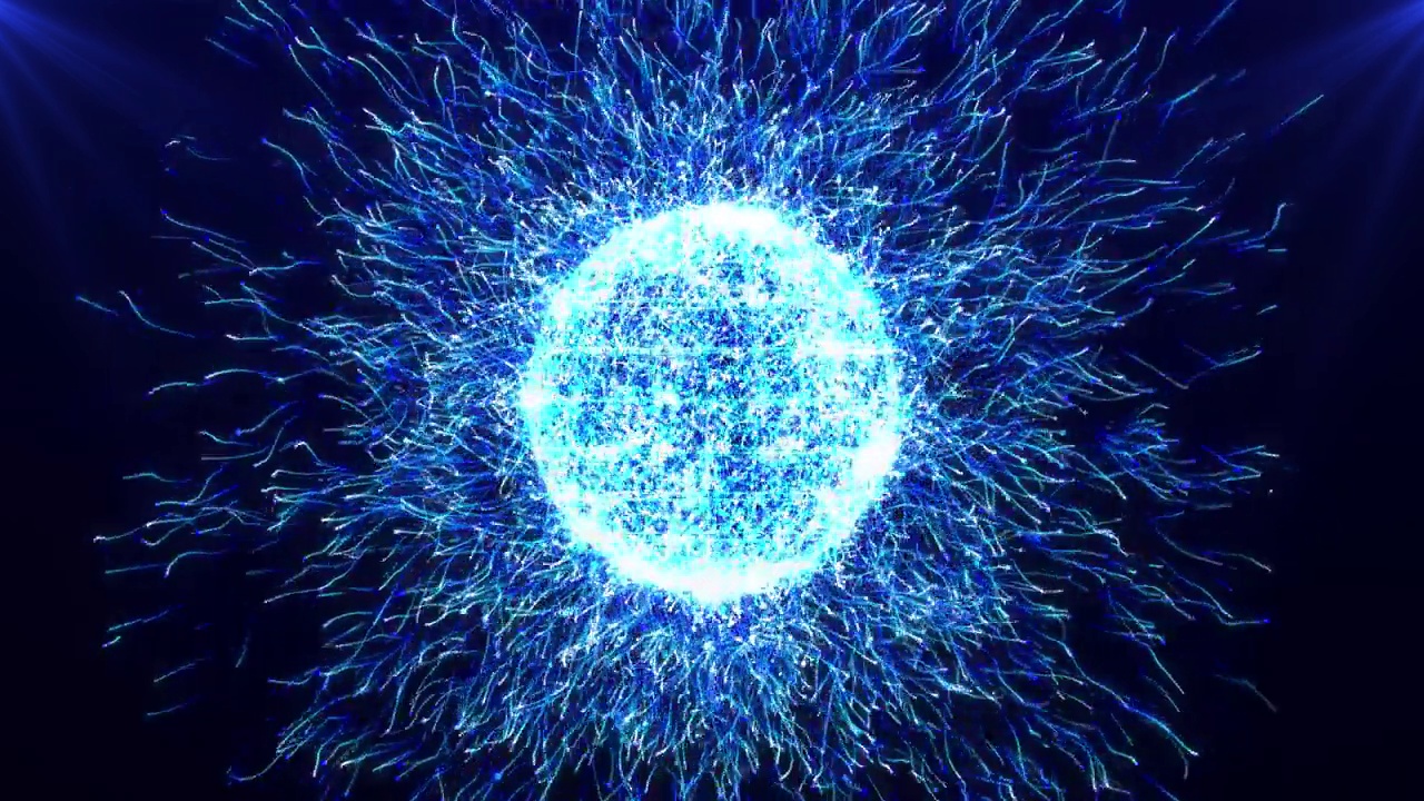 明亮的能量蓝色粒子球和不断增长的明亮光纤束。抽象的未来主义背景视频素材