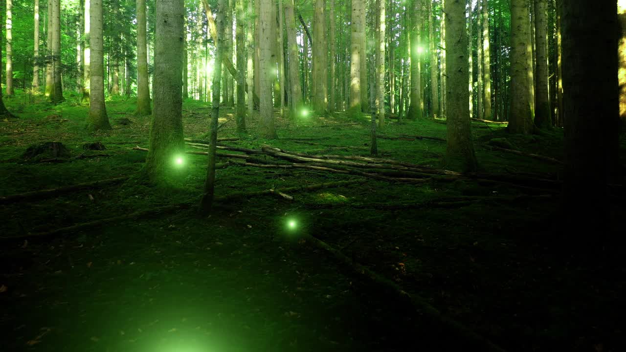 墨绿色的童话树林里长满了苔藓，萤火虫飞舞。视频素材