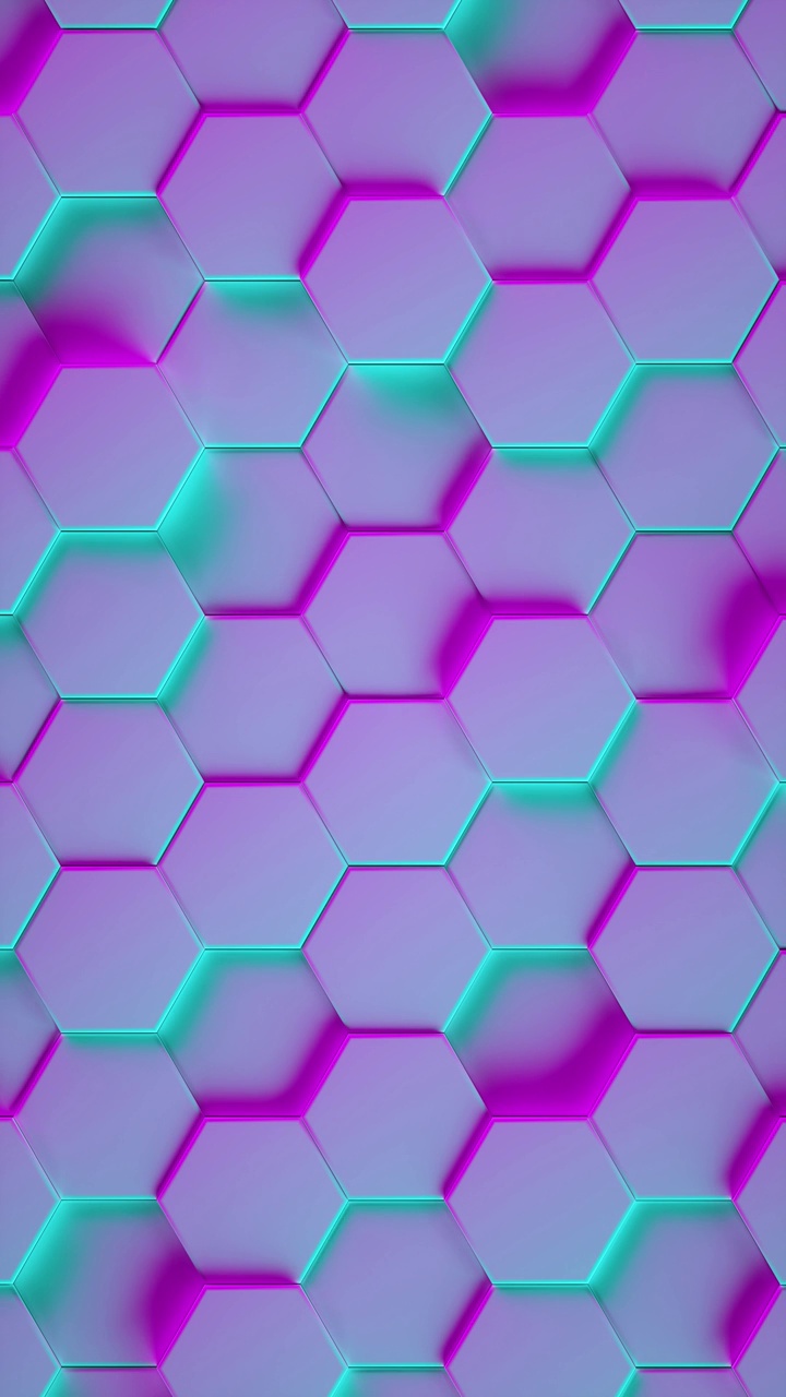 六边形几何图案作为霓虹灯的抽象背景。垂直三维动画循环视频下载