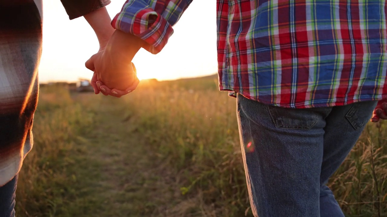 夕阳下，一对情侣手牵着手走过草地视频下载