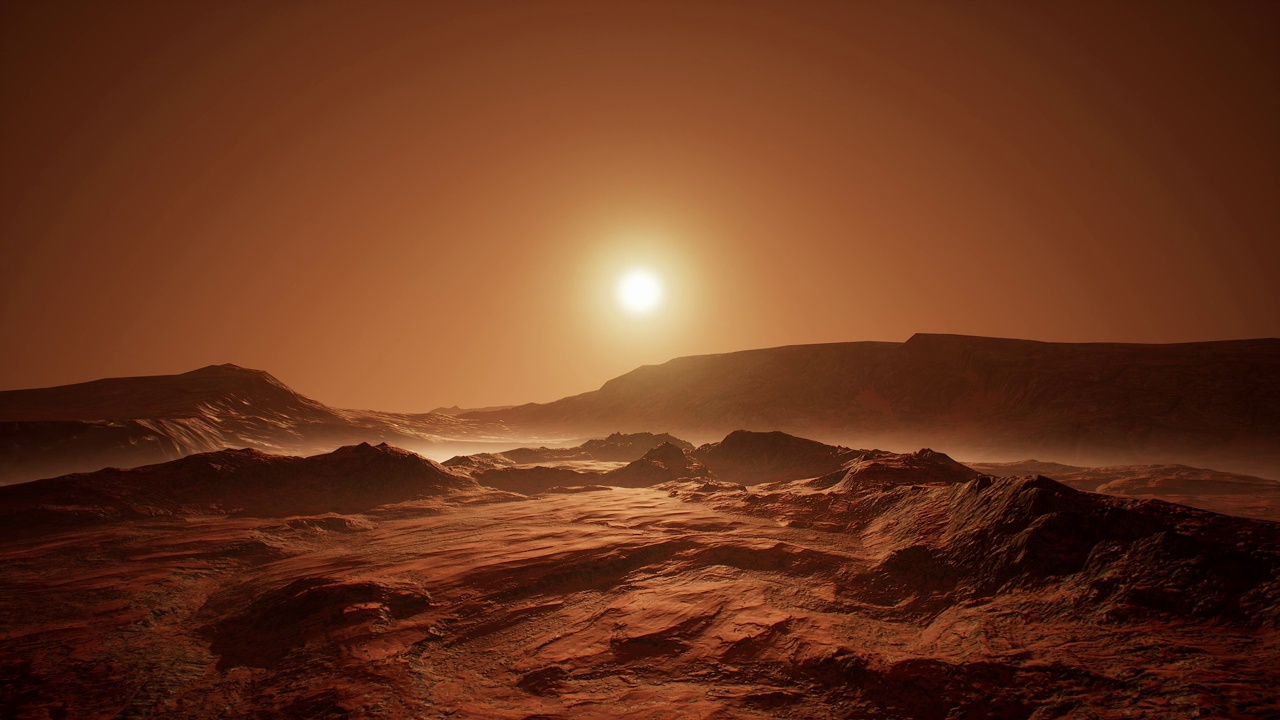 火星沙漠的红色星球表面日落时的侧面鸟瞰图视频下载