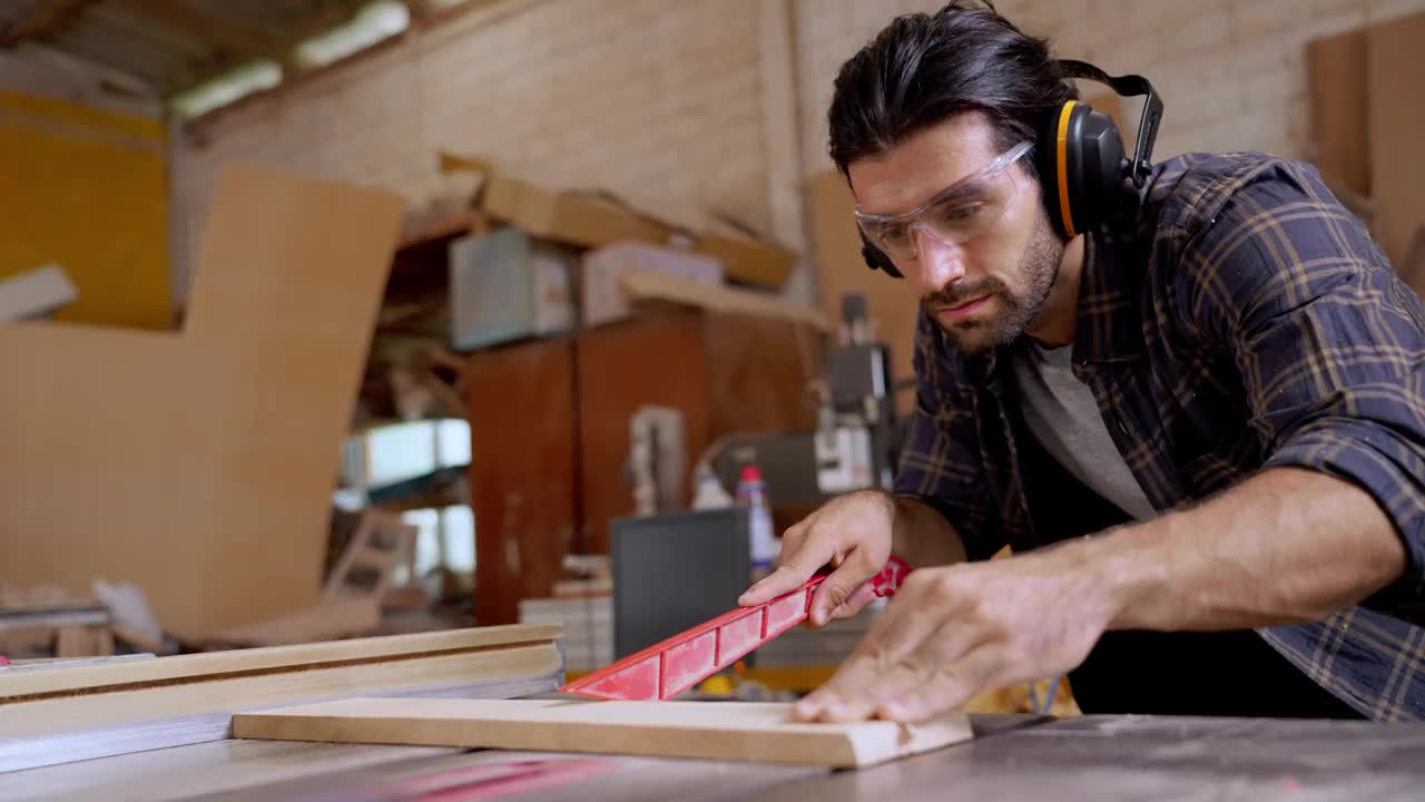 木工的精度:工匠在车间熟练地锯木头视频下载