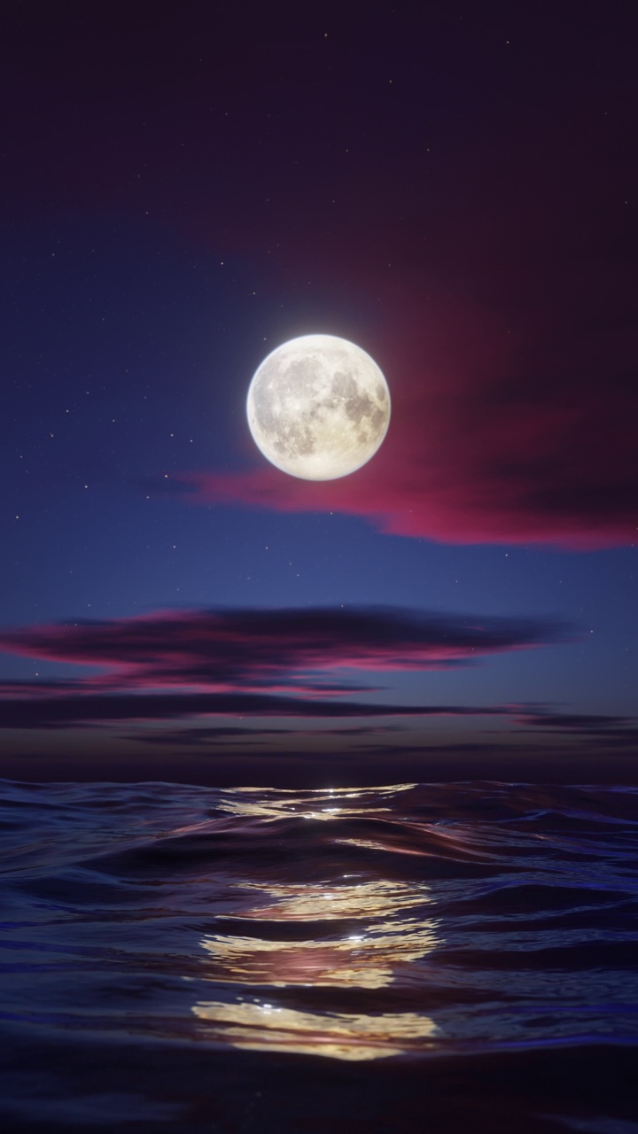 夜晚大海上的满月。程式化的循环动画。垂直视频。视频下载