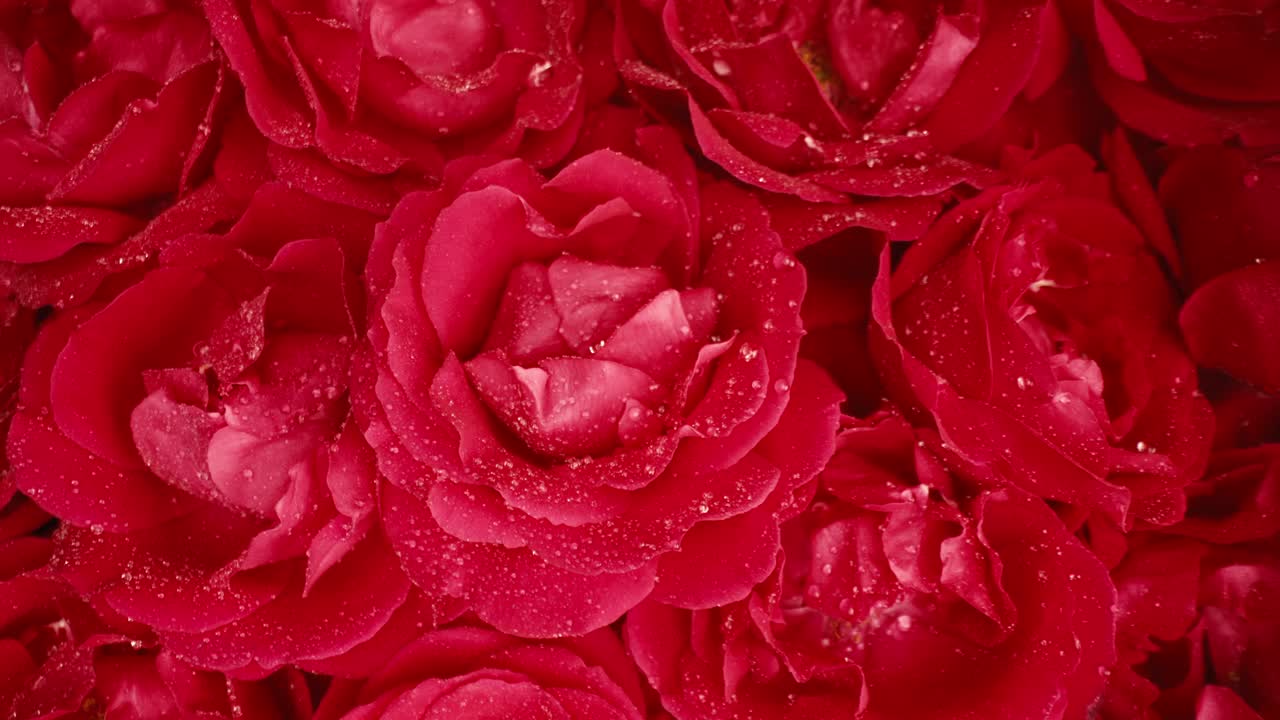 神奇的玫瑰花瓣和露珠，美丽的玫瑰。花香，香味背景。视频下载