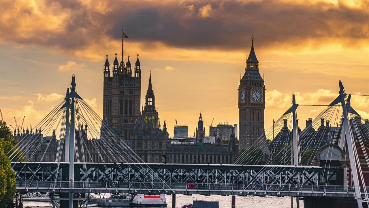 英国，英国，日落时分，大本钟、议会大厦和伦敦眼的延时景观视频下载