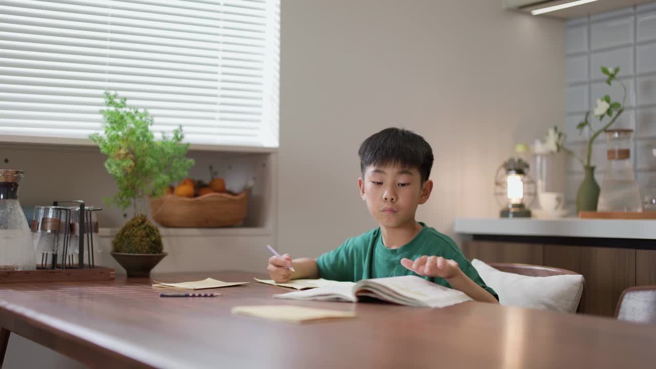 一个亚洲小男孩在家里做作业视频下载