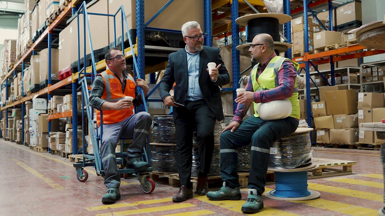 一群男工人，蓝领工人和业务经理，在工厂仓库的换班休息时间拿着咖啡杯吃早餐，聊天视频下载