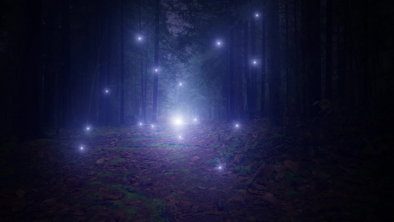 蓝色发光的萤火虫在黑暗昏暗的可怕雾蒙蒙的森林里飞翔的动画。视频素材
