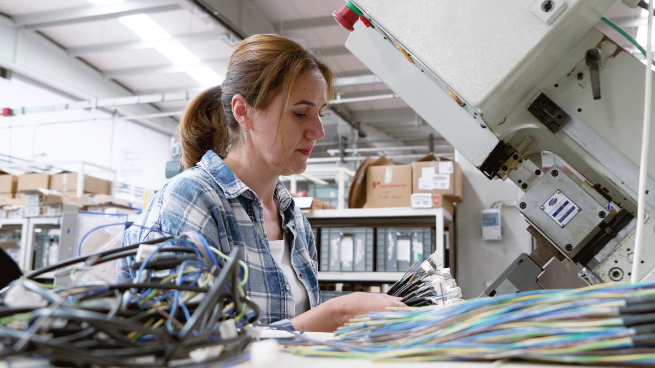在工厂里操作制造设备的女工业工人视频下载