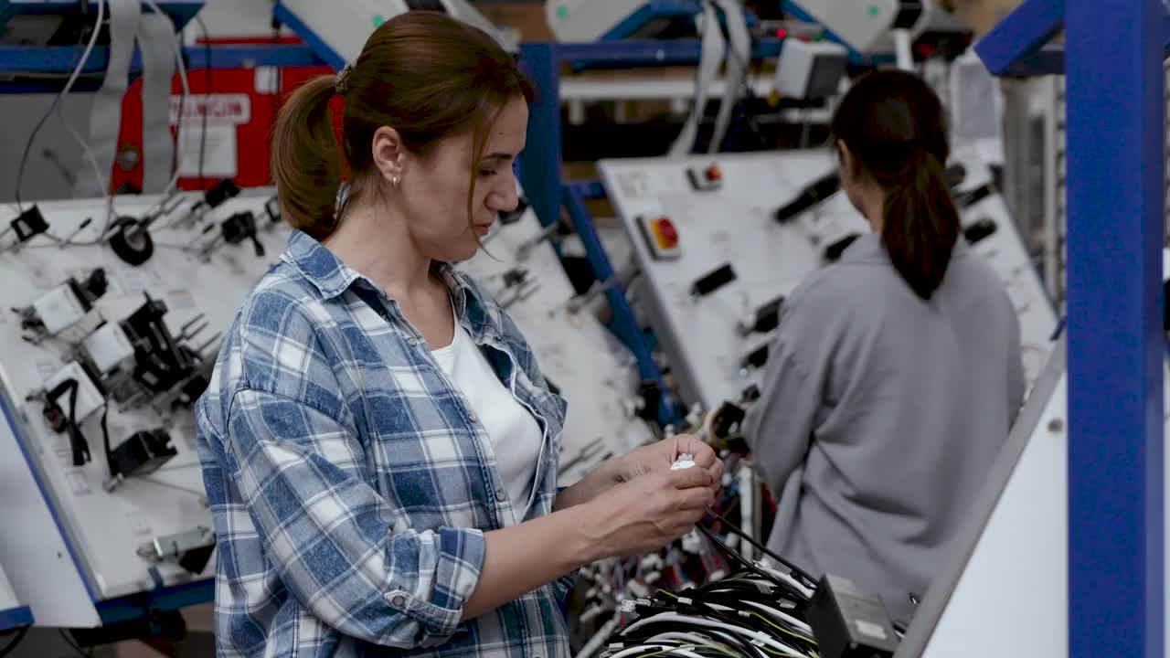 在工厂焊接制造设备电缆的女工视频下载