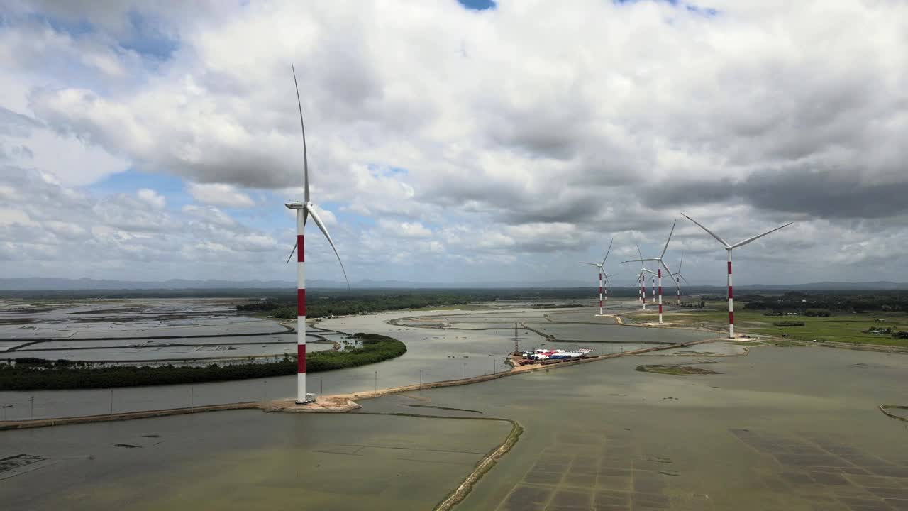 风能发电项目中的风力涡轮机。可再生能源革命:风力发电背景。可持续能源视频素材