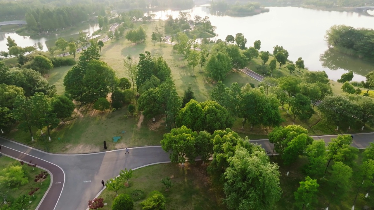 一个有湖的绿色公园的航拍照片视频下载