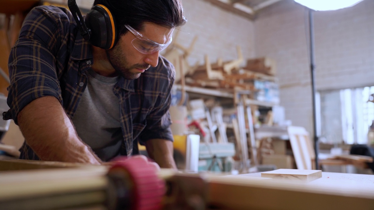 木工的精度:工匠在车间熟练地锯木头视频下载