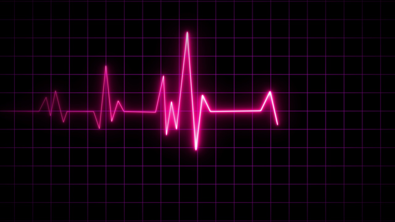 心电图。心电图。生命体征。医疗保健标志。红色发光的霓虹心跳。心脏的跳动。心电图，红色发光的霓虹灯心脏脉搏图。视频下载