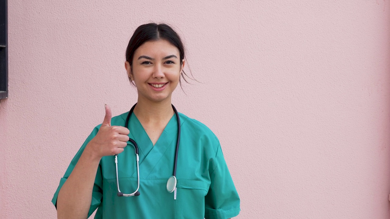 图为医院里快乐的年轻女医务人员竖起大拇指视频下载