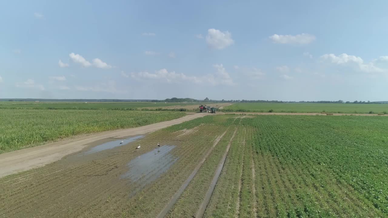 农用拖拉机联合收割机的油箱。无人机拍摄晴天视频素材