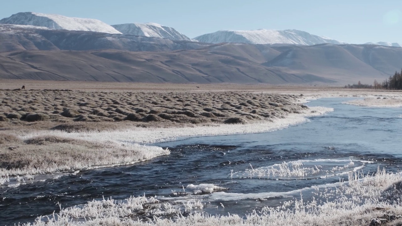 湍急的河流沿着冰冻的河岸奔流。秋山景观视频下载
