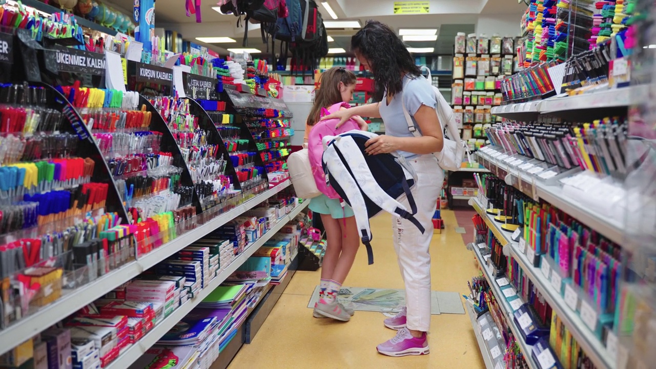 母女俩在商店里选购学习用品视频下载