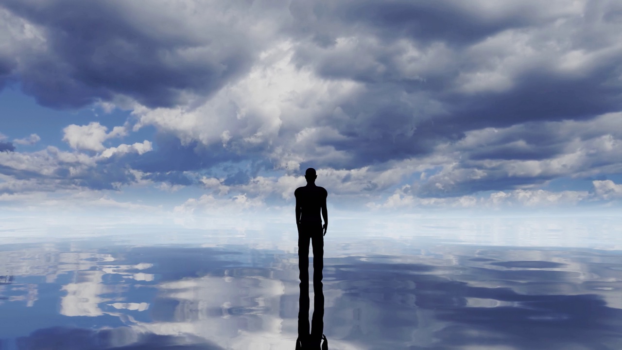 一个人站在镜湖上，倒影着流云的移动视频下载