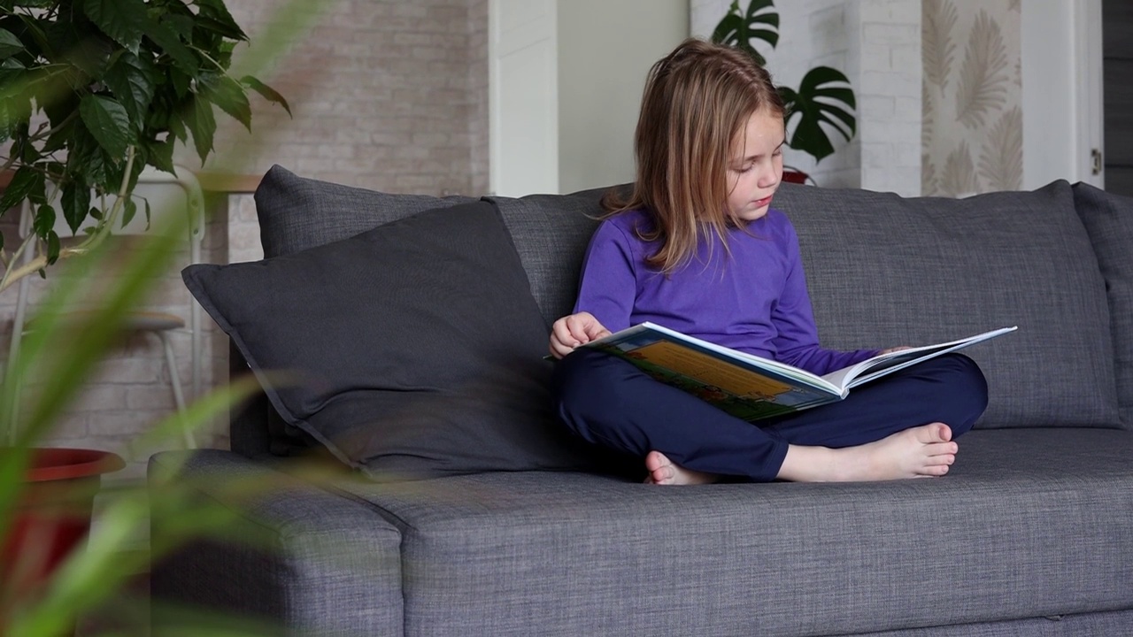 一个金发小女孩正坐在客厅的沙发上看一本大书。微笑和对阅读的兴趣。孩子自我教育，在家阅读文学，趣味休闲。视频下载