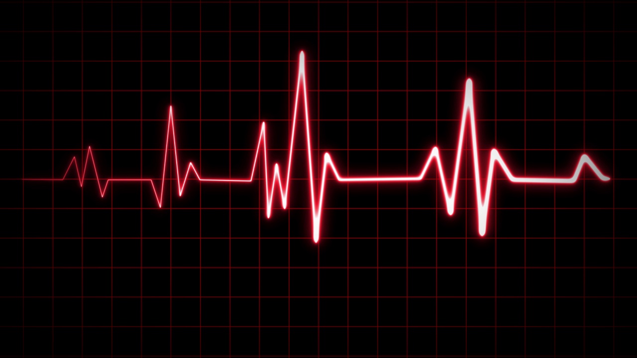 心电心跳脉搏率发光红色霓虹灯环网格动画背景。心电图60 BPM循环屏幕，蓝色带网格。心率监测器。医疗保健理念。4k镜头和3D渲染视频下载