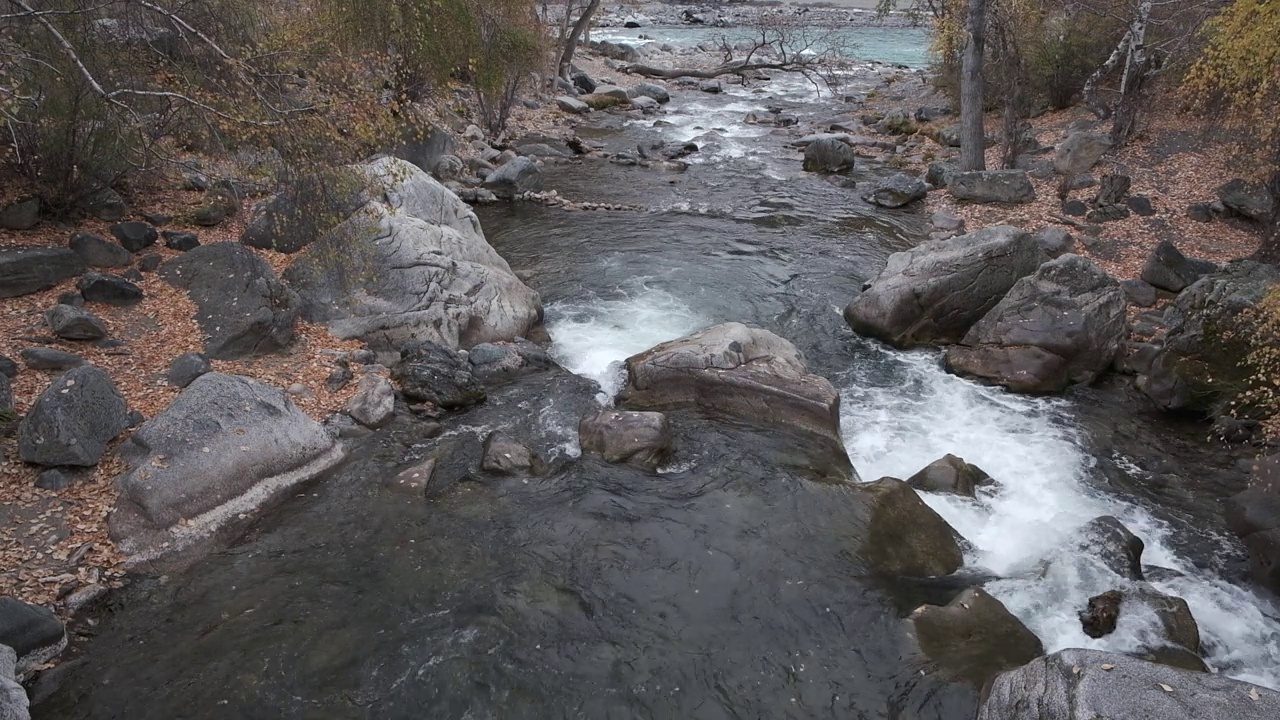 沸腾的水迅速流过石头。秋天的山河视频下载