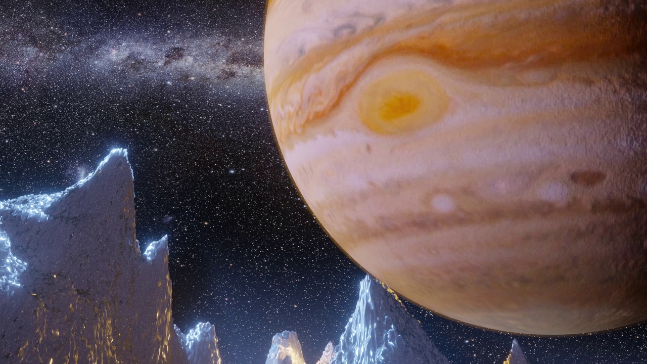 这是木星在其冰冷的卫星上的风景和山脉视频下载