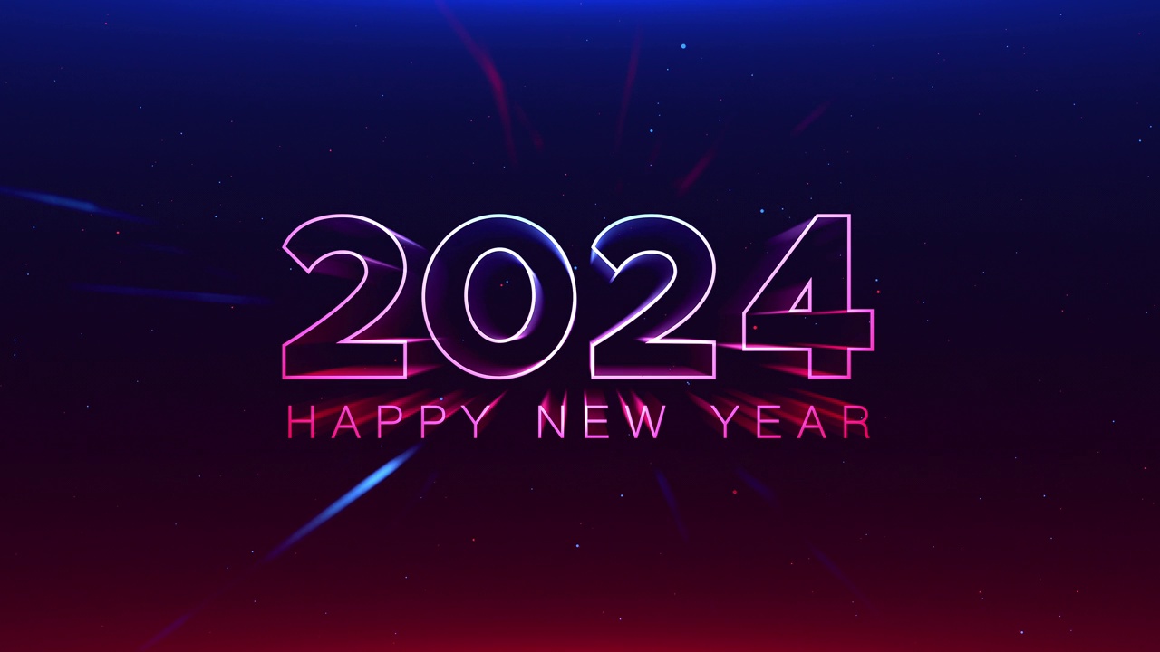 2024新年快乐红蓝条纹霓虹粒子散景背景新年决议概念。视频下载