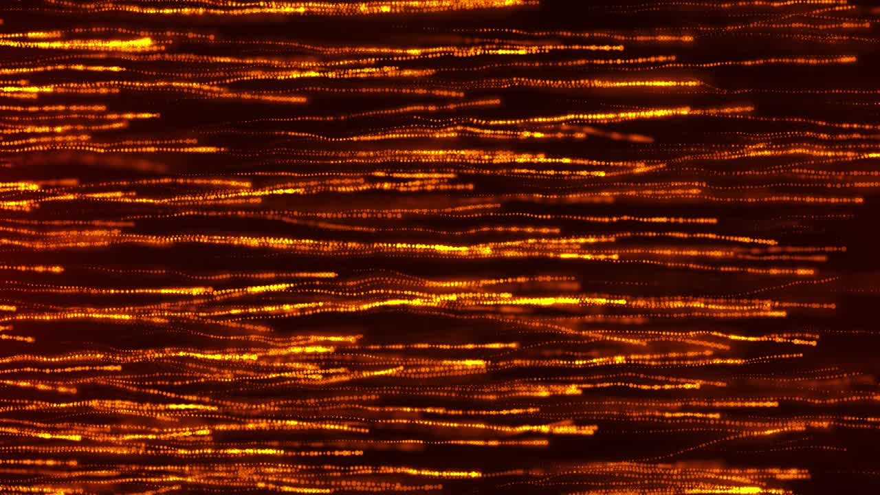一束明亮的橙色粒子，一束闪闪发光的金色光点，一个充满未来感的飞行粒子表面。无缝循环视频素材