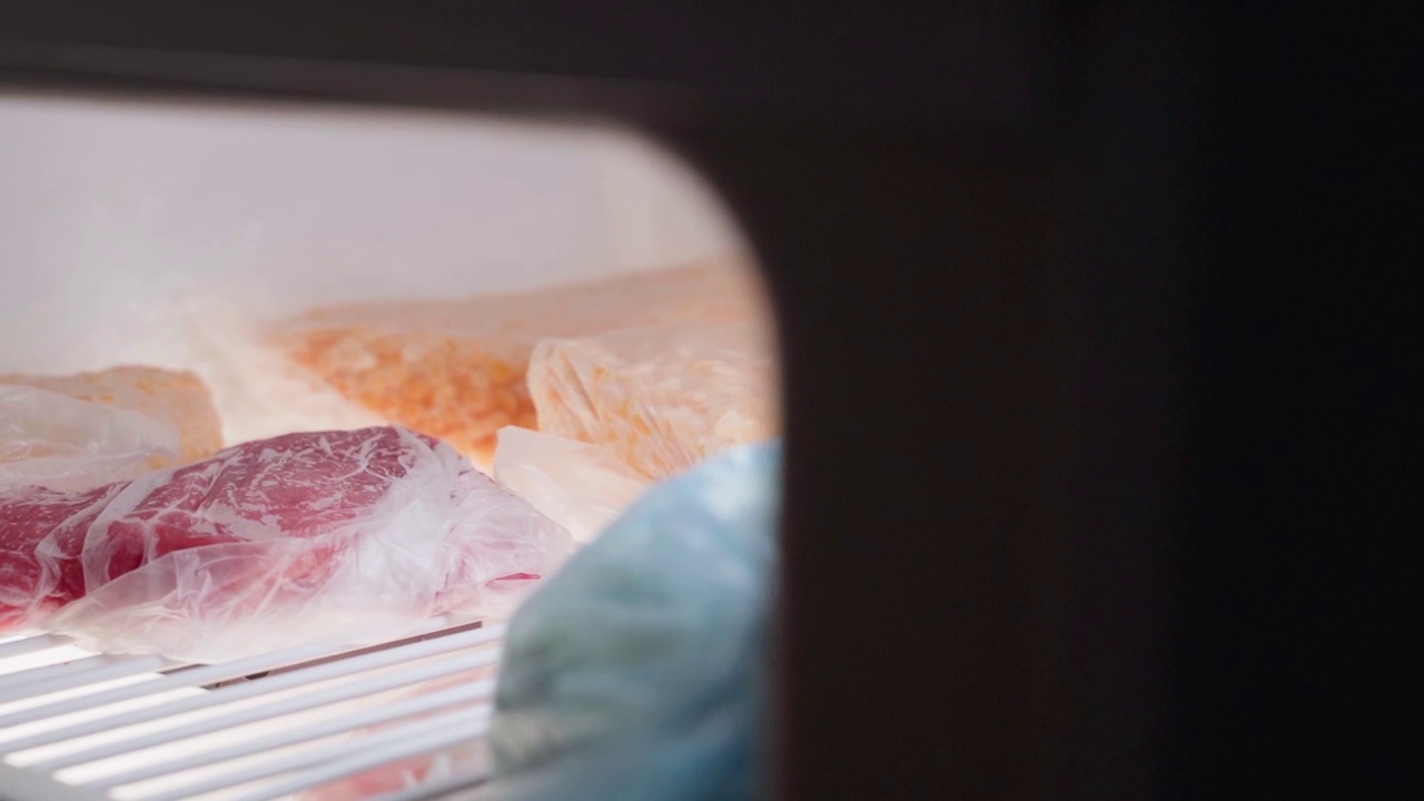 收获的玉米和装在袋子里的肉放在冰箱的冷冻室里，特写。冰箱空了一半视频素材