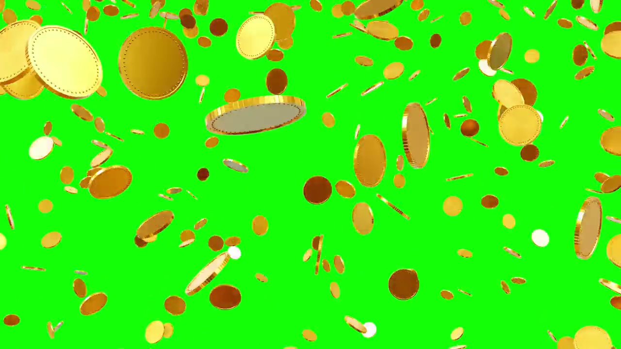 3D动画的金币从顶部流动。金币如雨点般飞来。绿屏视频。视频下载